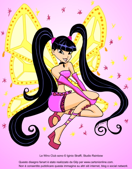 Una immagine fan art di Musa delle Winx Club in versione fatina su sfondo rosa e ali gialle