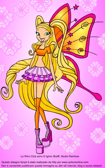 Una immagine fan art di Stella delle Winx Club in versione fatina su sfondo rosa con fiori