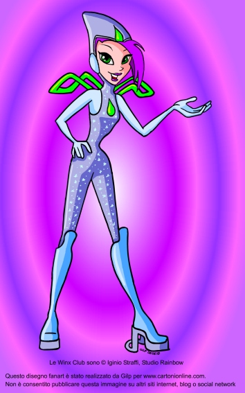 Una immagine fan art di Tecna delle Winx Club su sfondo viola